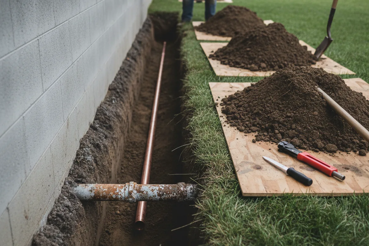 Excavated water line trench during Sewer Line Repair in French Camp